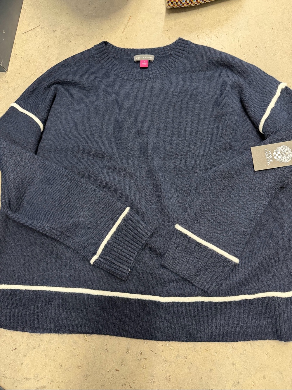 Vince Camuto Navy Crew Sweater with Ivory Stripe Details